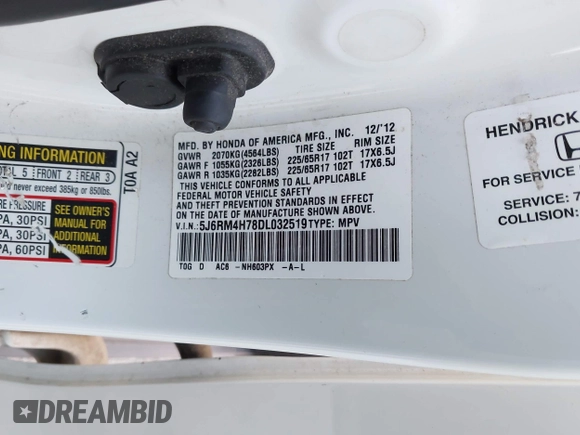 2013 Honda CR-V EX-L with VIN 5J6RM4H78DL032519, listed as a IAAI auction lot 42458397 with 67,141 mi miles and . Bid and sale history available at DreamBid. Image 9.