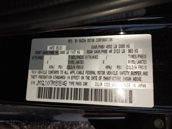 2021 Mazda 6 Signature with VIN JM1GL1XY7M1615149, listed as a IAAI auction lot 41851158 with 47,690 mi miles and . Bid and sale history available at DreamBid. Image 9.