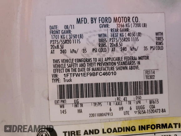 2011 Ford F-150 XL with VIN 1FTFW1EF9BFC46010, listed as a Copart auction lot 56950925 with 151,603 mi miles and Salvage title. Bid and sale history available at DreamBid. Image 12.