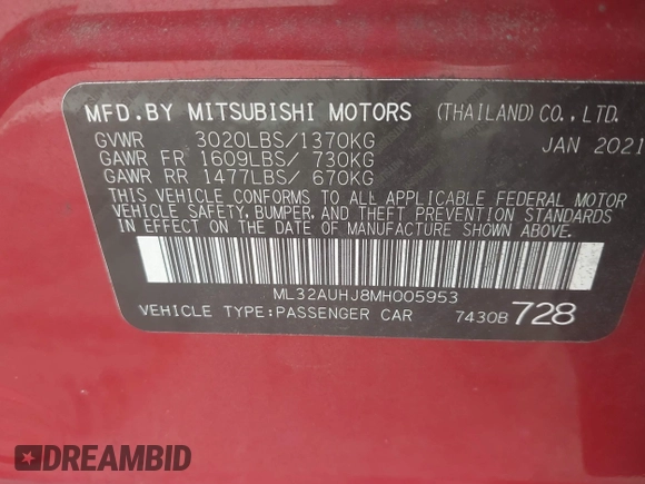 2021 Mitsubishi Mirage ES with VIN ML32AUHJ8MH005953, listed as a IAAI auction lot 42484093 with 62,852 mi miles and . Bid and sale history available at DreamBid. Image 9.