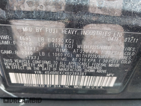 2011 Subaru Outback Limited Power Moon z VIN 4S4BREKCXB2389381, wystawiony jako IAAI lot #42075790 z przebiegiem 152 426 mil mil oraz . Historia ofert i sprzedaży dostępna na DreamBid. Obrazek 9.