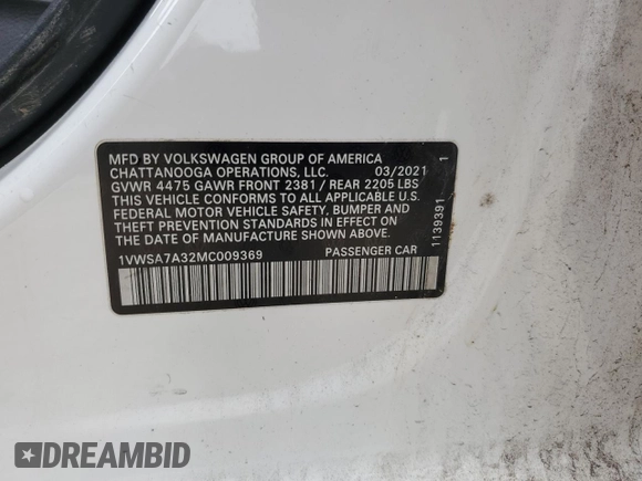 2021 Volkswagen Passat SE with VIN 1VWSA7A32MC009369, listed as a Copart auction lot 45649345 with 115,349 mi miles and Salvage title. Bid and sale history available at DreamBid. Image 12.