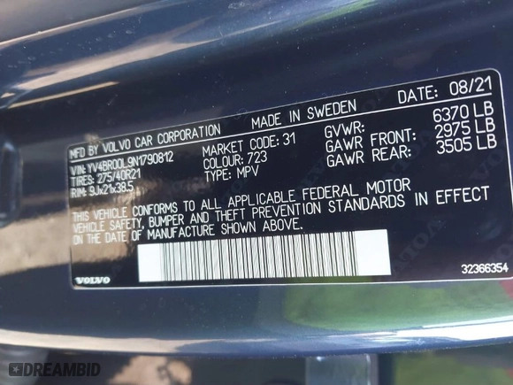 2022 Volvo XC90 Recharge Plug-In Hybrid Inscription with VIN YV4BR00L9N1790812, listed as a IAAI auction lot 41512660 with 29,504 mi miles. Bid and sale history available at carsss.com. Image 9.