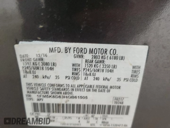 2017 Ford Explorer XLT with VIN 1FM5K8D83HGB61505, listed as a Copart auction lot 57856475 with 139,378 mi miles and Clean title. Bid and sale history available at DreamBid. Image 12.