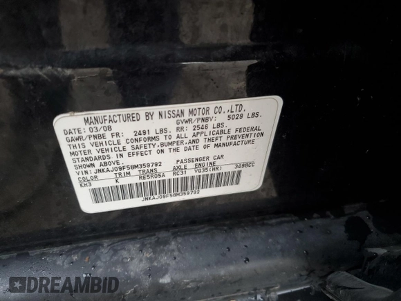 2008 Infiniti EX Journey with VIN JNKAJ09F58M359792, listed as a Copart auction lot 49978085 with 234,612 mi miles and Salvage Title. Bid and sale history available at DreamBid. Image 14.