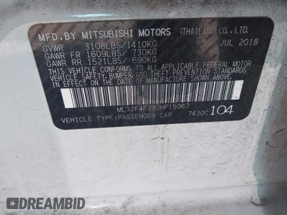 2018 Mitsubishi Mirage G4 SE with VIN ML32F4FJ9JHF15067, listed as a IAAI auction lot 41697906 with 37,906 mi miles. Bid and sale history available at carsss.com. Image 9.