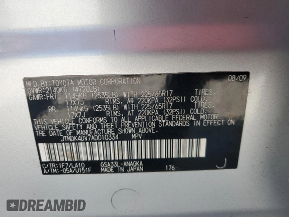 2010 Toyota RAV4 Limited with VIN JTMDK4DV7AD010334, listed as a Copart auction lot 60308555 with 169,321 mi miles and Salvage title. Bid and sale history available at DreamBid. Image 13.