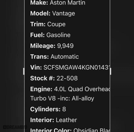 2019 Aston Martin Vantage with VIN SCFSMGAW4KGN014XX, listed as a Copart auction lot 52846185 with 9,829 mi miles and Clean Title. Bid and sale history available at carsss.com. Image 10.