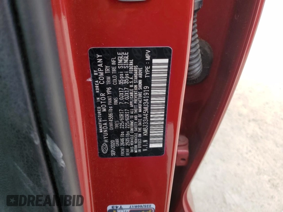 2021 Hyundai Tucson Value z VIN KM8J33A45MU341919, wystawiony jako Copart lot #52718455 z przebiegiem 58 268 mil mil oraz Nie do naprawy • Non repairable. Historia ofert i sprzedaży dostępna na DreamBid. Obrazek 13.