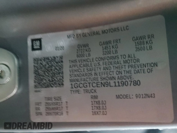 2020 Chevrolet Colorado 4WD LT with VIN 1GCGTCEN9L1190780, listed as a Copart auction lot 44585105 with 78,260 mi miles and Salvage Title. Bid and sale history available at carsss.com. Image 12.