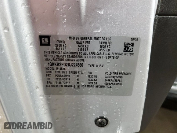 2011 GMC Acadia SLT2 with VIN 1GKKRSED2BJ224586, listed as a Copart auction lot 57642905 with 161,053 mi miles and Salvage title. Bid and sale history available at DreamBid. Image 13.