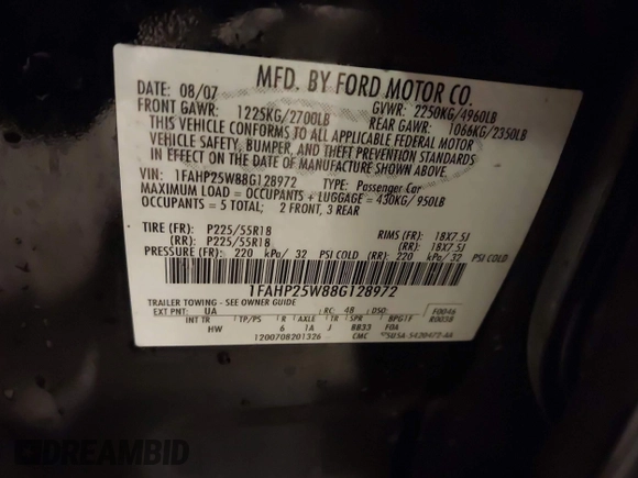 2008 Ford Taurus Limited with VIN 1FAHP25W88G128972, listed as a IAAI auction lot 42019401 with Not provided miles and . Bid and sale history available at DreamBid. Image 9.