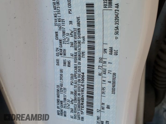 2024 Ford Ranger XL with VIN 1FTER4BH1RLE10064, listed as a Copart auction lot 52732045 with 35,197 mi miles and Salvage Title. Bid and sale history available at carsss.com. Image 12.