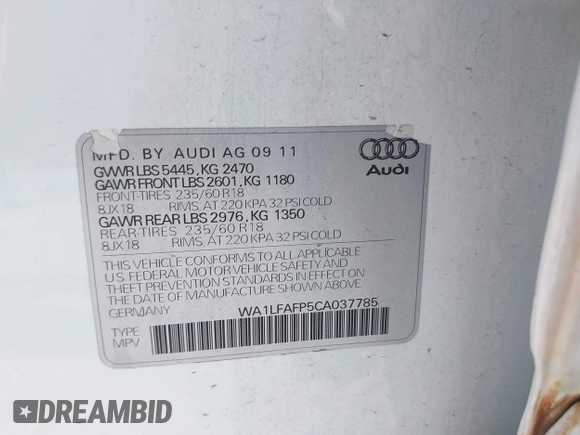 2012 Audi Q5 Premium Plus with VIN WA1LFAFP5CA037785, listed as a IAAI auction lot 42278530 with 138,437 mi miles and . Bid and sale history available at DreamBid. Image 9.