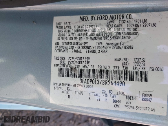 2011 Ford Fusion Hybrid with VIN 3FADP0L37BR264490, listed as a IAAI auction lot 42253495 with 112,866 mi miles and . Bid and sale history available at DreamBid. Image 9.