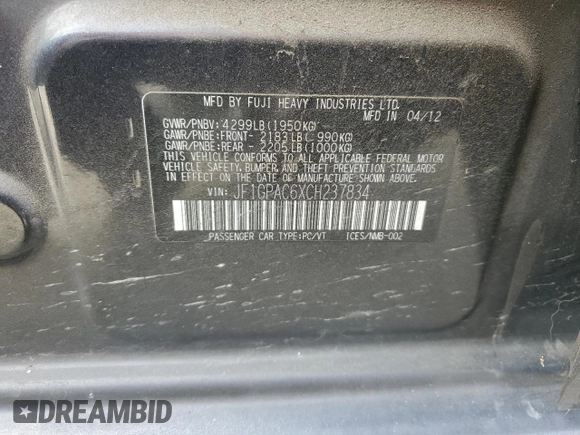 2012 Subaru Impreza Premium with VIN JF1GPAC6XCH237834, listed as a Copart auction lot 57117815 with 78,731 mi miles and Salvage title. Bid and sale history available at DreamBid. Image 12.
