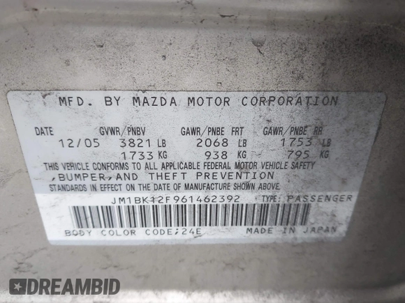 2006 Mazda 3 i Touring with VIN JM1BK12F961462392, listed as a IAAI auction lot 41322168 with 127,511 mi miles and . Bid and sale history available at DreamBid. Image 9.