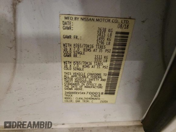 2019 Nissan Frontier Pro-4X with VIN 1N6DD0EV5KN700058, listed as a Copart auction lot 86531454 with 34,132 mi miles and Salvage title. Bid and sale history available at DreamBid. Image 14.