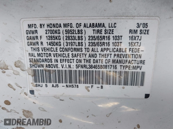 2005 Honda Odyssey EX with VIN 5FNRL38465B081716, listed as a IAAI auction lot 41998956 with 173,182 mi miles and . Bid and sale history available at carsss.com. Image 9.