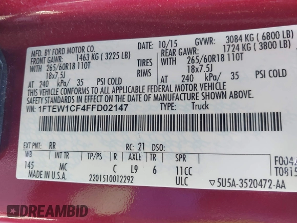 2015 Ford F-150 XL with VIN 1FTEW1CF4FFD02147, listed as a IAAI auction lot 41741065 with 139,627 mi miles. Bid and sale history available at carsss.com. Image 9.