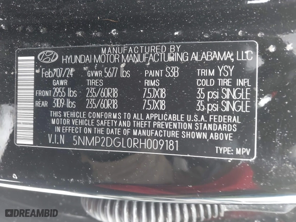 2024 Hyundai Santa Fe SEL with VIN 5NMP2DGL0RH009181, listed as a IAAI auction lot 41629507 with 11,120 mi miles. Bid and sale history available at carsss.com. Image 9.