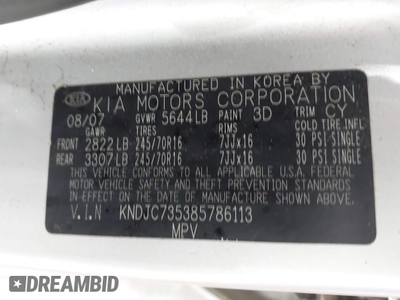 2008 Kia Sorento LX z VIN KNDJC735385786113, wystawiony jako IAAI lot #42140845 z przebiegiem 174 289 mil mil oraz . Historia ofert i sprzedaży dostępna na DreamBid. Obrazek 9.