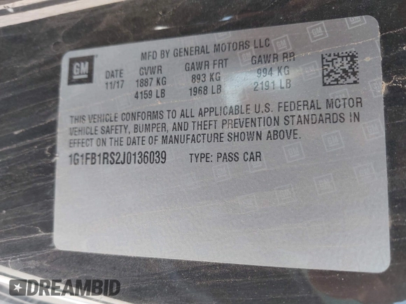 2018 Chevrolet Camaro 1LT with VIN 1G1FB1RS2J0136039, listed as a IAAI auction lot 42001499 with 119,129 mi miles and . Bid and sale history available at DreamBid. Image 9.