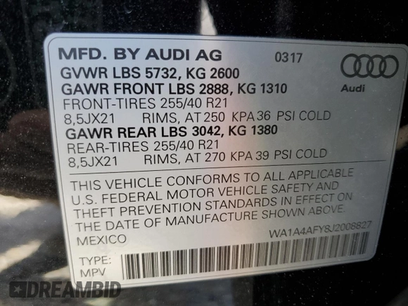 2018 Audi SQ5 Premium Plus with VIN WA1A4AFY8J2008827, listed as a Copart auction lot 70722004 with Not Provided miles and Salvage Title. Bid and sale history available at DreamBid. Image 13.