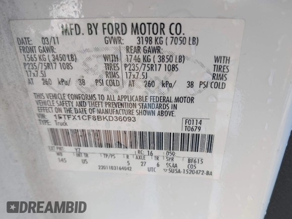 2011 Ford F-150 XL with VIN 1FTFX1CF8BKD36093, listed as a IAAI auction lot 41701650 with 239,470 mi miles. Bid and sale history available at carsss.com. Image 9.