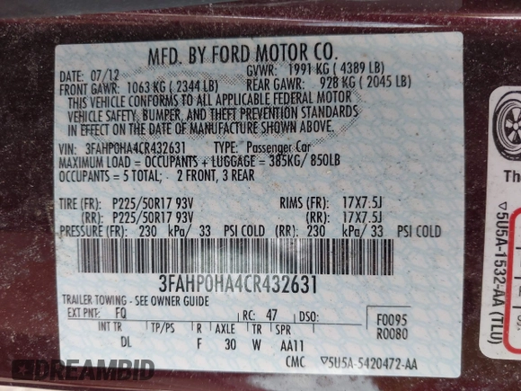 2012 Ford Fusion SE with VIN 3FAHP0HA4CR432631, listed as a IAAI auction lot 42352368 with 137,053 mi miles and . Bid and sale history available at DreamBid. Image 9.