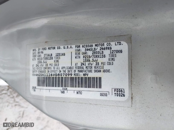 1997 Nissan Quest XE with VIN 4N2DN1116VD807099, listed as a IAAI auction lot 41868358 with 155,271 mi miles. Bid and sale history available at carsss.com. Image 9.