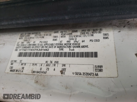 2015 Ford Transit Cargo with VIN 1FTNE1YMXFKA91442, listed as a Copart auction lot 72854004 with 216,093 mi miles and Clean Title. Bid and sale history available at DreamBid. Image 13.
