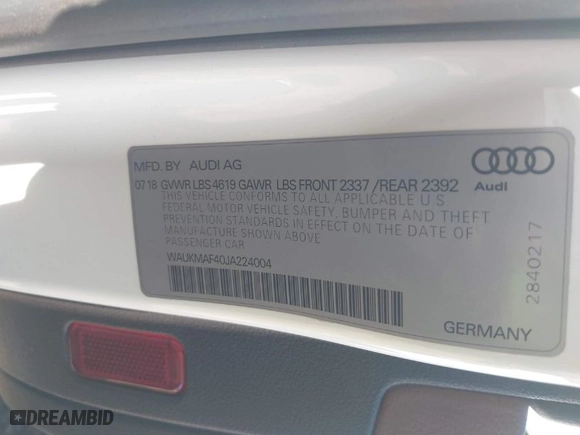 2018 Audi A4 Premium with VIN WAUKMAF40JA224004, listed as a IAAI auction lot 41385902 with 66,773 mi miles. Bid and sale history available at carsss.com. Image 9.