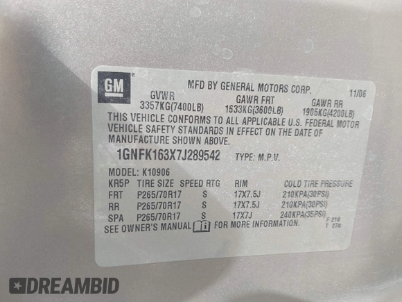 2007 Chevrolet Suburban LT z VIN 1GNFK163X7J289542, wystawiony jako IAAI lot #42054920 z przebiegiem 146 702 mil mil oraz . Historia ofert i sprzedaży dostępna na DreamBid. Obrazek 9.