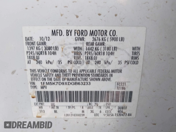 2013 Ford Explorer XLT z VIN 1FM5K7D9XDGB63233, wystawiony jako IAAI lot #42571747 z przebiegiem 228 024 mil mil oraz . Historia ofert i sprzedaży dostępna na DreamBid. Obrazek 9.