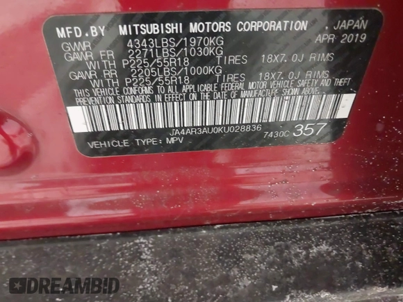 2019 Mitsubishi Outlander ES z VIN JA4AR3AU0KU028836, wystawiony jako IAAI lot #41572645 z przebiegiem 60 915 mil mil oraz . Historia ofert i sprzedaży dostępna na DreamBid. Obrazek 9.