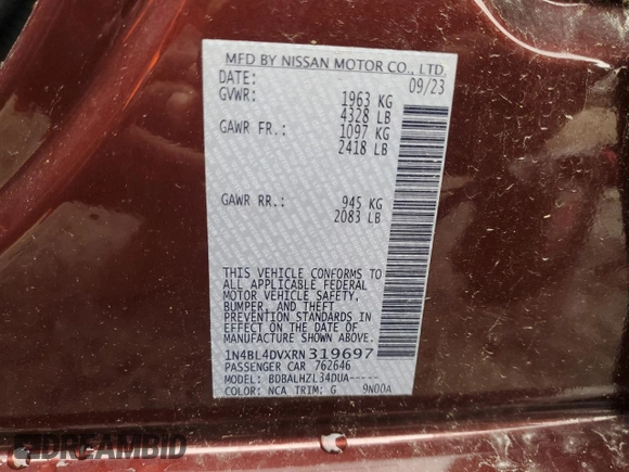 2024 Nissan Altima 2.5 SV with VIN 1N4BL4DVXRN319697, listed as a Copart auction lot 51959265 with 44,492 mi miles and Non Repairable. Bid and sale history available at carsss.com. Image 12.