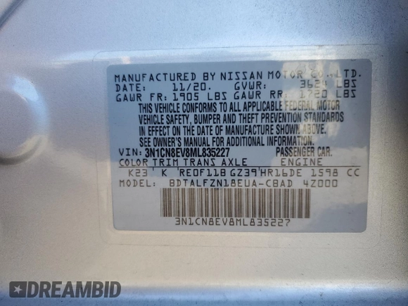 2021 Nissan Versa SV with VIN 3N1CN8EV8ML835227, listed as a Copart auction lot 49440045 with 70,415 mi miles and Non Repairable. Bid and sale history available at DreamBid. Image 14.