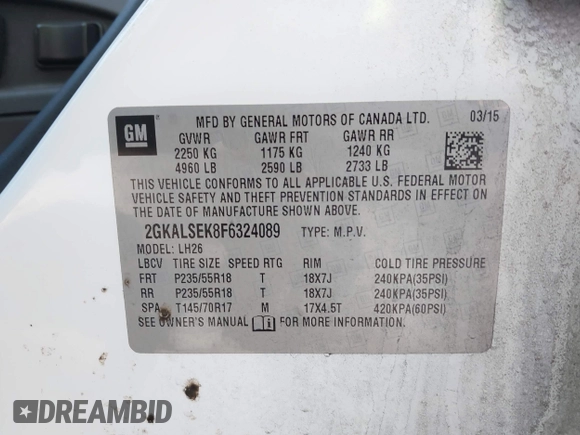 2015 GMC Terrain SLT with VIN 2GKALSEK8F6324089, listed as a IAAI auction lot 41897875 with 124,919 mi miles. Bid and sale history available at carsss.com. Image 9.