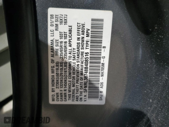 2008 Honda Odyssey EX-L z VIN 5FNRL38748B408516, wystawiony jako Copart lot #55394745 z przebiegiem 144 176 mil mil oraz Szkoda całkowita • Salvage title. Historia ofert i sprzedaży dostępna na DreamBid. Obrazek 14.