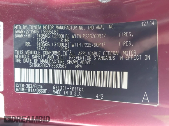 2015 Toyota Sienna LE AAS with VIN 5TDKK3DC7FS563562, listed as a IAAI auction lot 42374720 with 95,040 mi miles and . Bid and sale history available at DreamBid. Image 9.