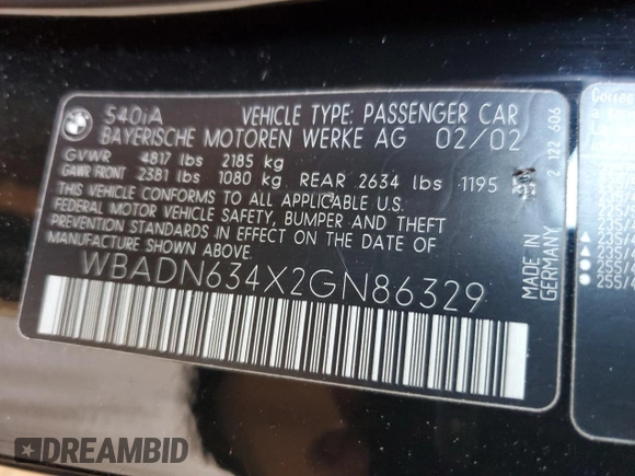 2002 BMW 5 Series 540i with VIN WBADN634X2GN86329, listed as a Copart auction lot 56968575 with Not provided miles and Salvage title. Bid and sale history available at DreamBid. Image 13.