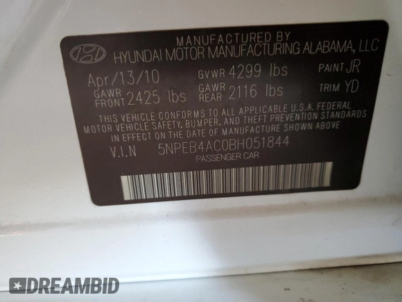 2011 Hyundai Sonata GLS with VIN 5NPEB4AC0BH051844, listed as a Copart auction lot 53667575 with 153,541 mi miles and Salvage Title. Bid and sale history available at DreamBid. Image 12.