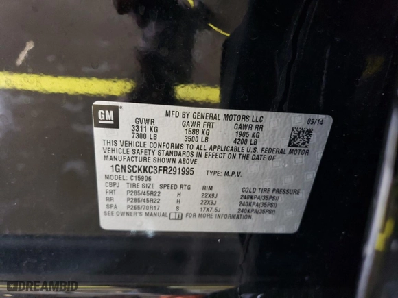 2015 Chevrolet Suburban LTZ with VIN 1GNSCKKC3FR291995, listed as a Copart auction lot 51656815 with NaN miles and Clean Title. Bid and sale history available at carsss.com. Image 13.