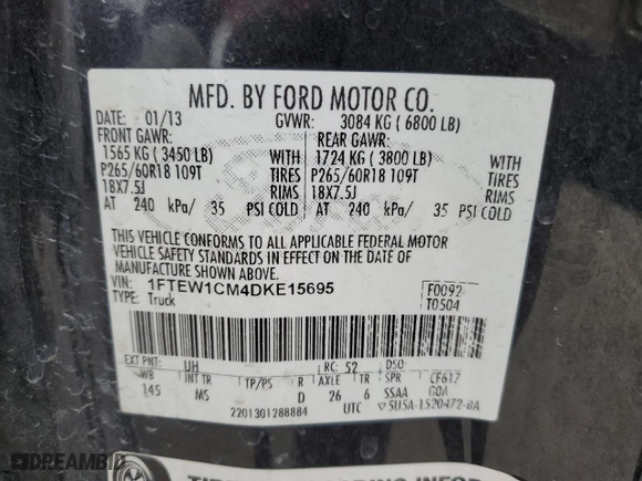 2013 Ford F-150 XL with VIN 1FTEW1CM4DKE15695, listed as a Copart auction lot 88909225 with 275,578 mi miles and Clean Title. Bid and sale history available at carsss.com. Image 12.