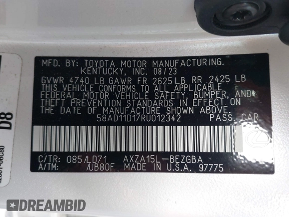 2024 Lexus ES 250 with VIN 58AD11D17RU012342, listed as a IAAI auction lot 42207023 with 12,930 mi miles and . Bid and sale history available at DreamBid. Image 9.