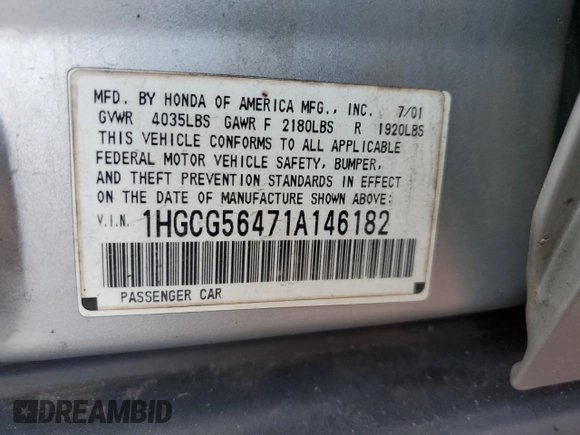 2001 Honda Accord LX z VIN 1HGCG56471A146182, wystawiony jako Copart lot #42026935 z przebiegiem Nie podano mil oraz Szkoda całkowita • Salvage title. Historia ofert i sprzedaży dostępna na DreamBid. Obrazek 14.