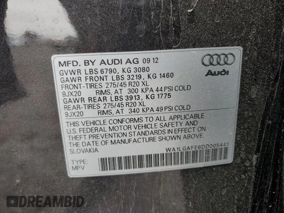 2013 Audi Q7 3.0T Premium Plus with VIN WA1LGAFE6DD005441, listed as a Copart auction lot 49255475 with 109,939 mi miles and Clean Title. Bid and sale history available at carsss.com. Image 13.