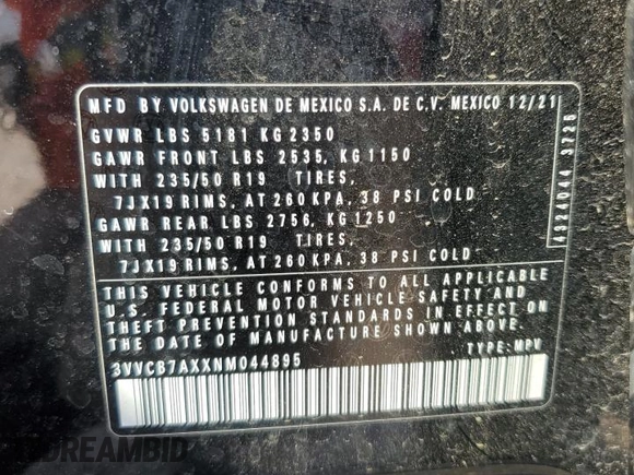 2022 Volkswagen Tiguan SE R-Line Black with VIN 3VVCB7AXXNM044895, listed as a Copart auction lot 55125375 with 52,629 mi miles and Salvage title. Bid and sale history available at DreamBid. Image 14.