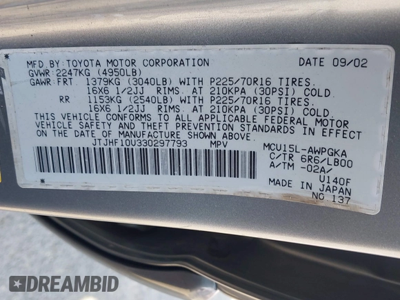 2003 Lexus RX 300 with VIN JTJHF10U330297793, listed as a IAAI auction lot 42088947 with 189,810 mi miles. Bid and sale history available at carsss.com. Image 9.